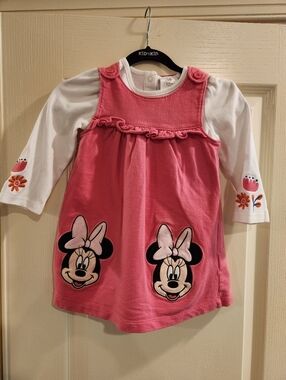 Pink Minnie Mouse Layered Dress with White Long Sleeve Top, Size 18-24M